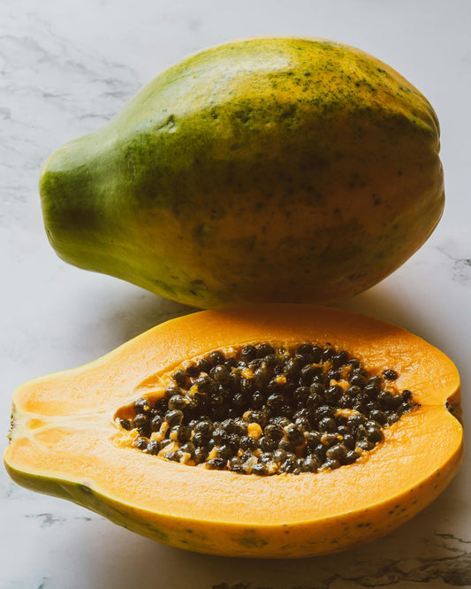 Example of fruit from Amber Lady Papaya plant, for sale in a New Zealand Tropical fruit Nursery.  